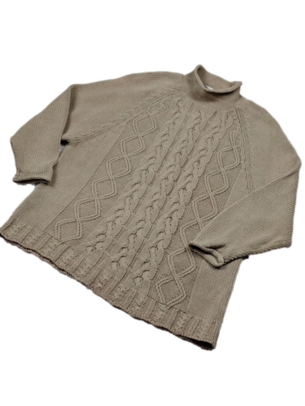 The Limited Tan Mock Neck Elbow Sleeve Pullover Raglan Cable Knit Sweater